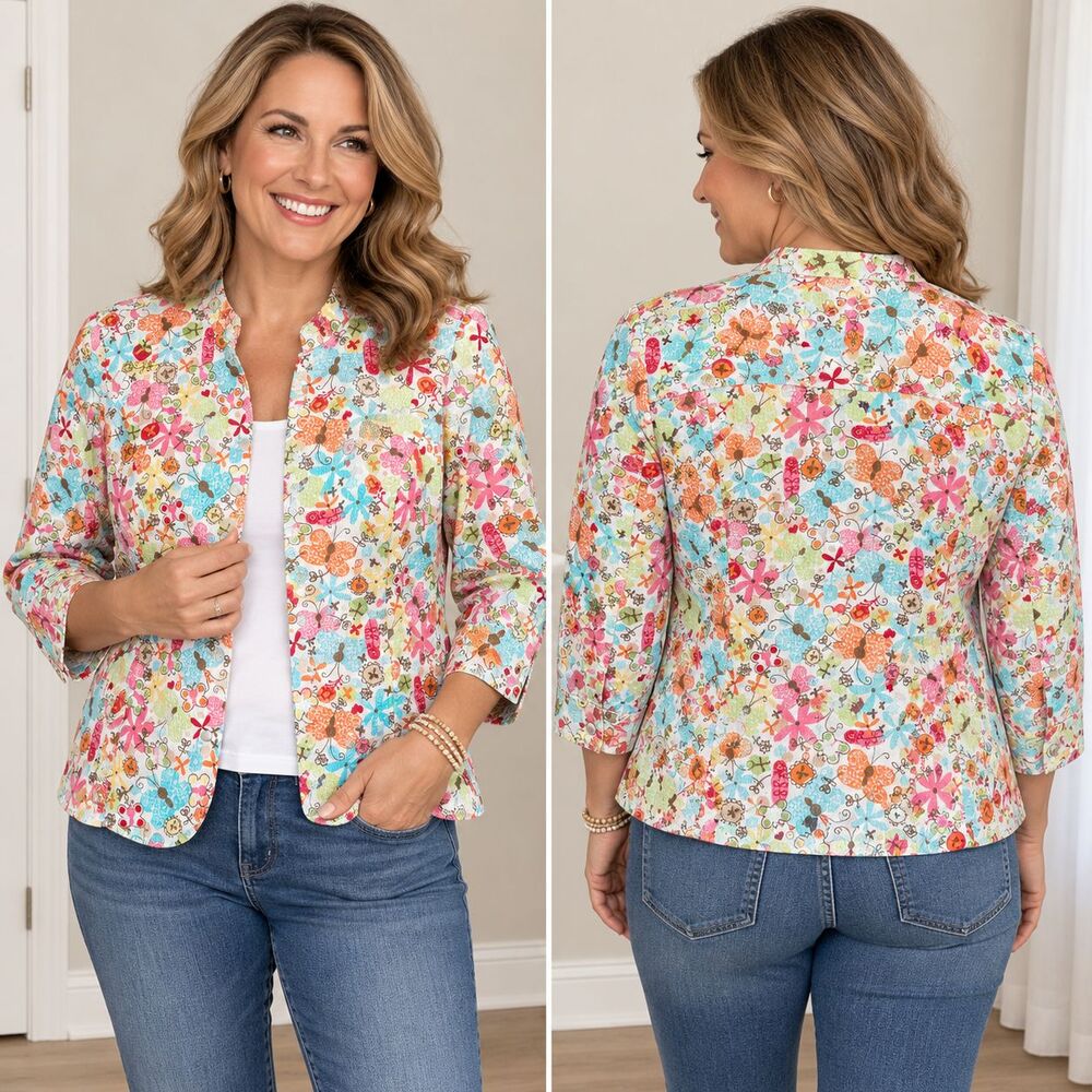 Christopher Banks Floral Butterfly Snap Button Jacket Small Cotton Stretch Artsy